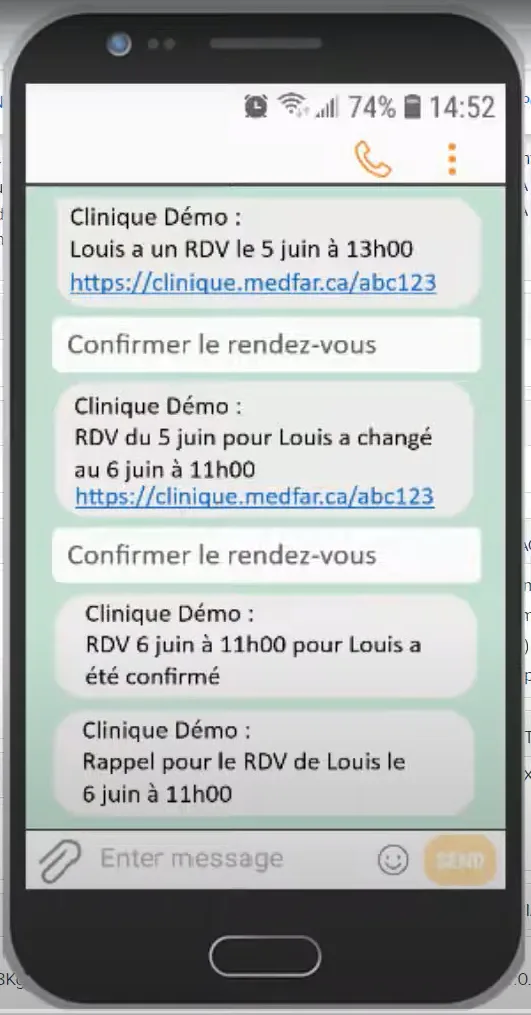 Notification rendez-vous SMS texto courriel